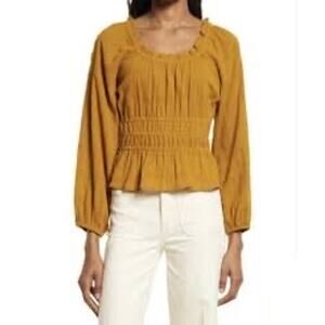 Madewell Sophia Smocked Peplum Peasant Top Mustard Cotton Sz L Boho Cottagecore